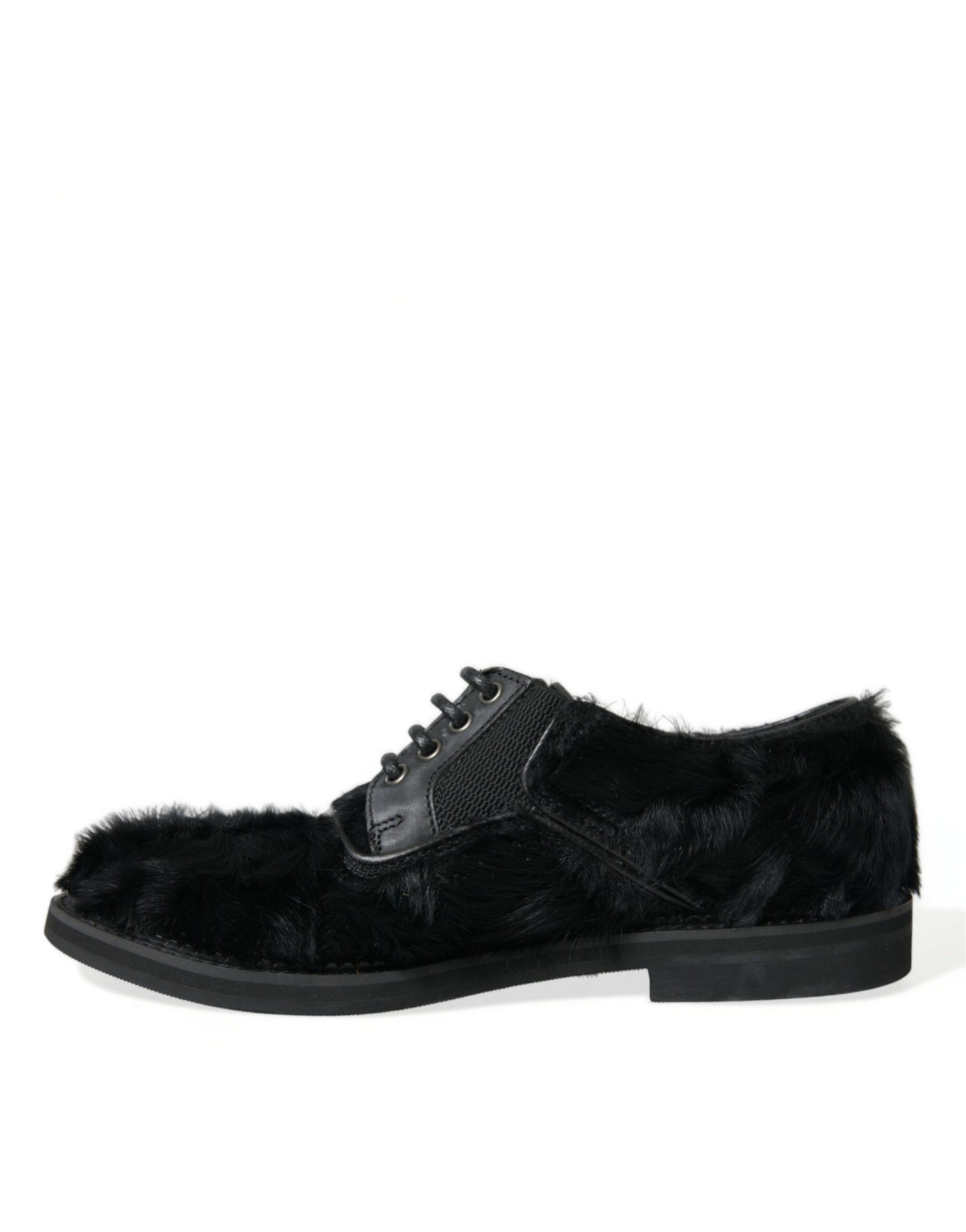 Dolce & Gabbana Elegant Black Fur Derby Dress Shoes for Men EU42.5 / US9.5