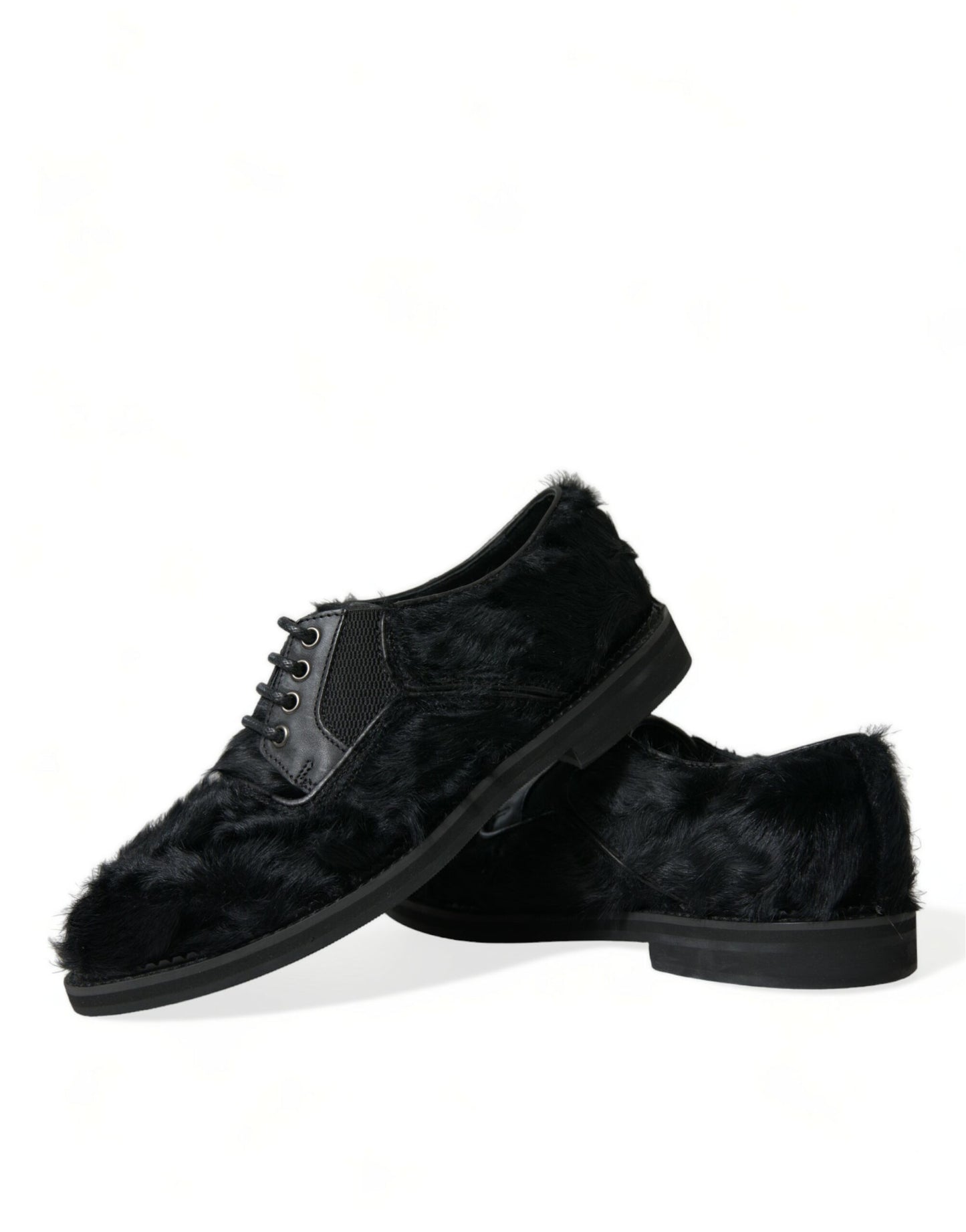 Dolce & Gabbana Elegant Black Fur Derby Dress Shoes for Men EU42.5 / US9.5