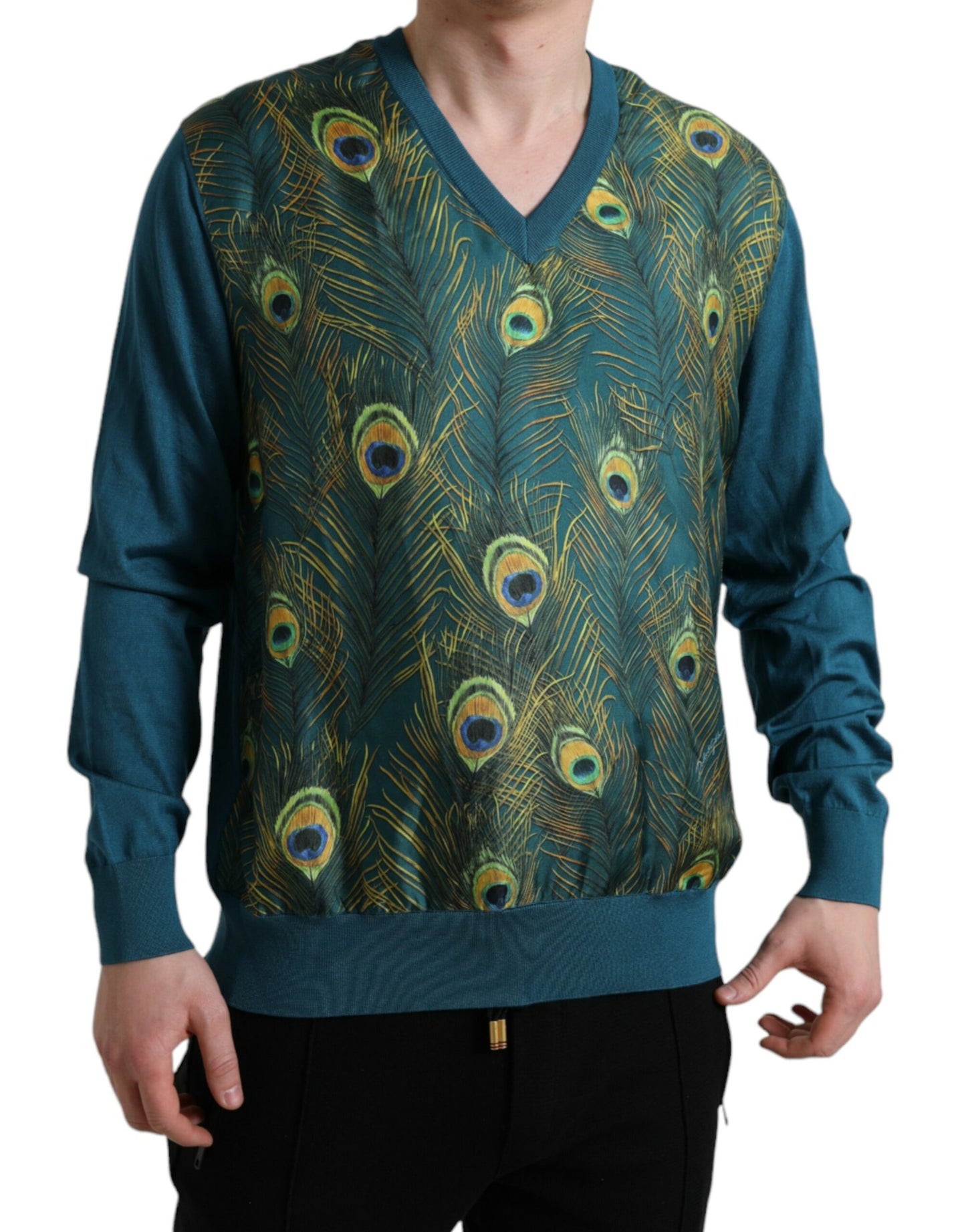 Dolce & Gabbana Silk V-Neck Peacock Feather Sweater IT52 / XL