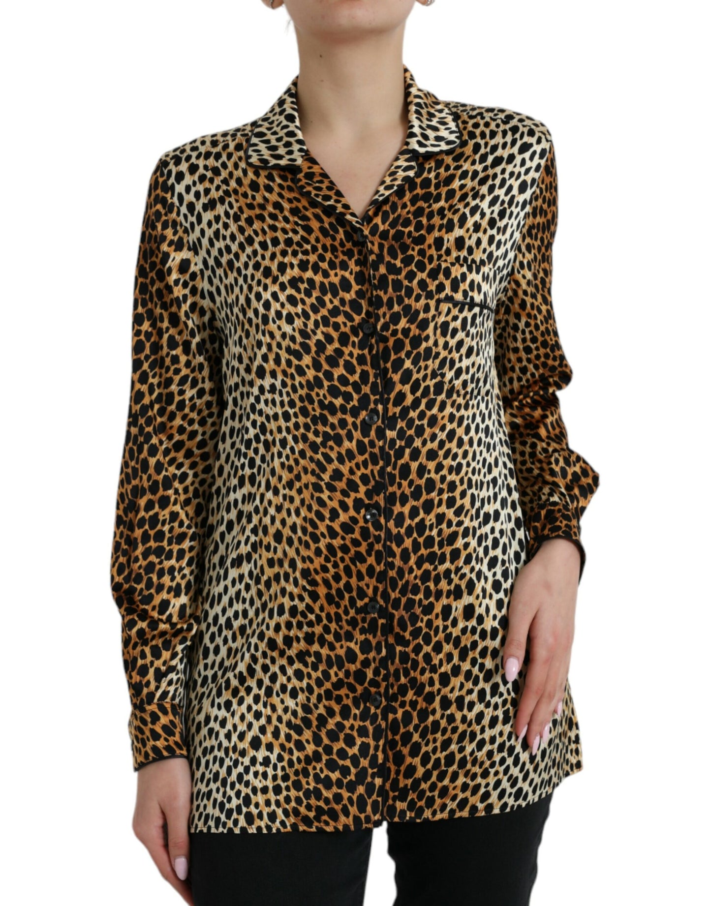 Dolce & Gabbana Elegant Brown Animal Print Silk Blouse IT40 | S