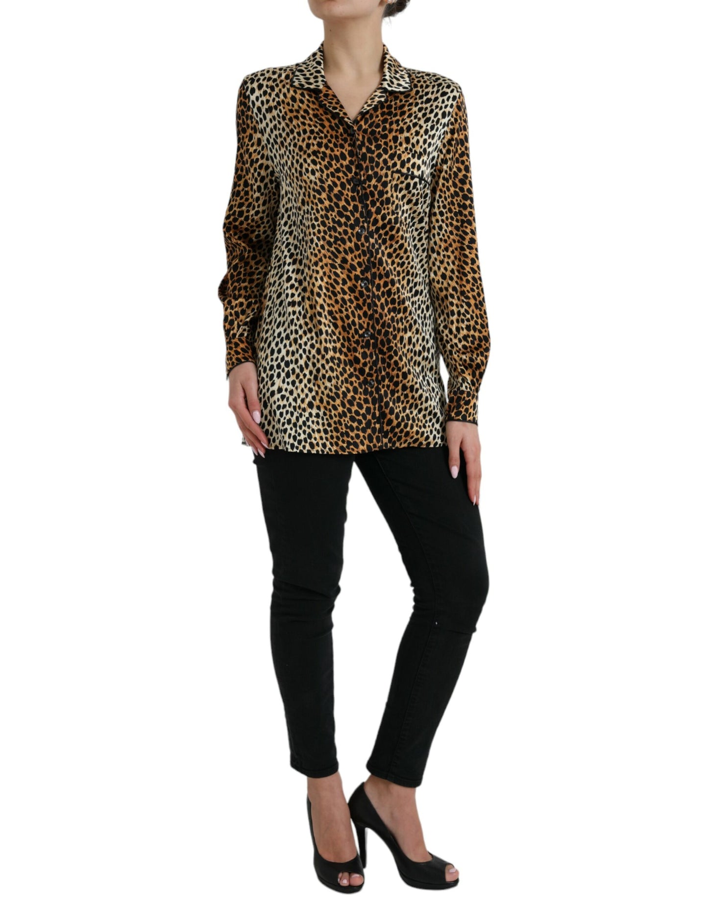 Dolce & Gabbana Elegant Brown Animal Print Silk Blouse IT40 | S