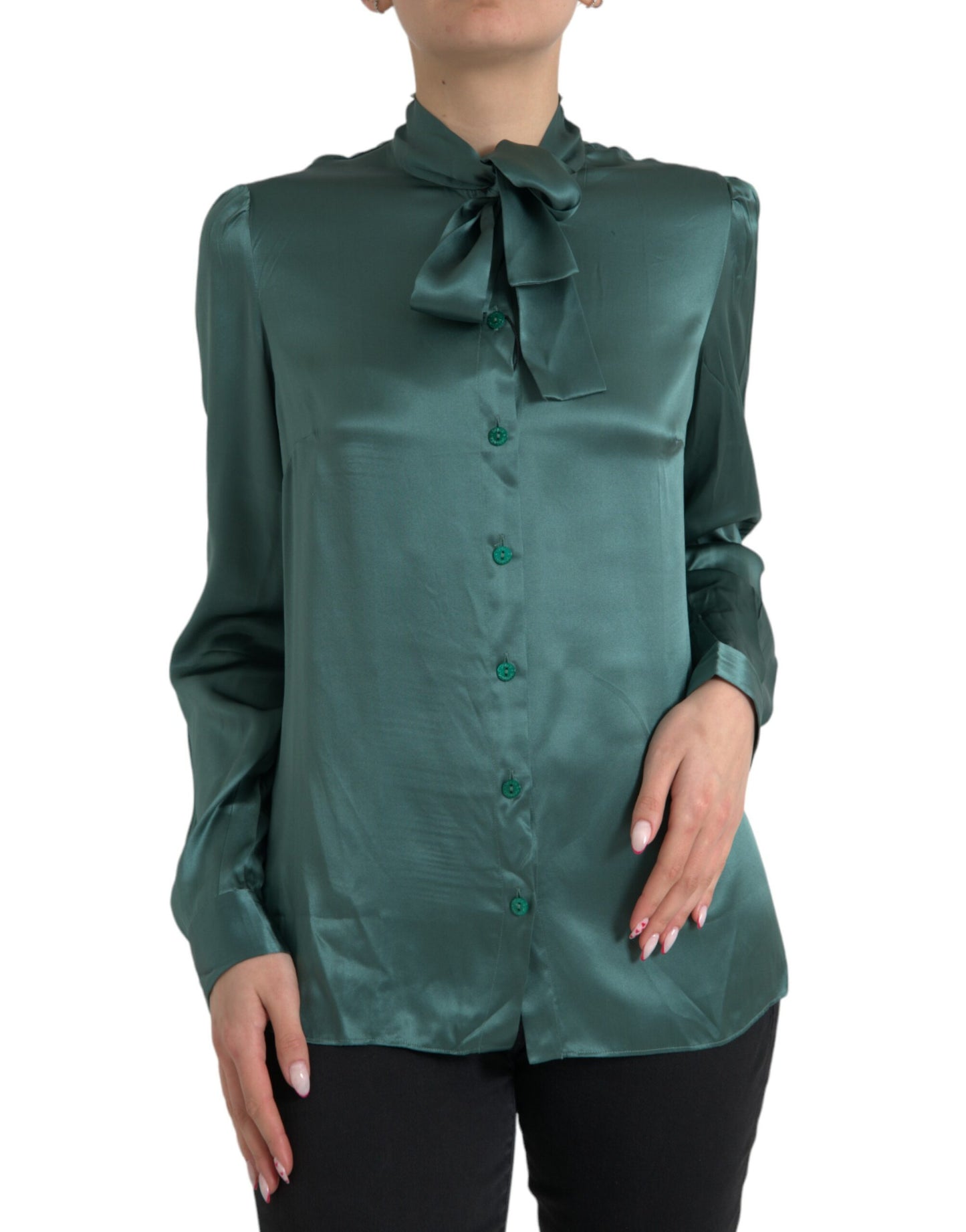 Dolce & Gabbana Elegant Dark Green Silk Blouse Top IT46 / XL