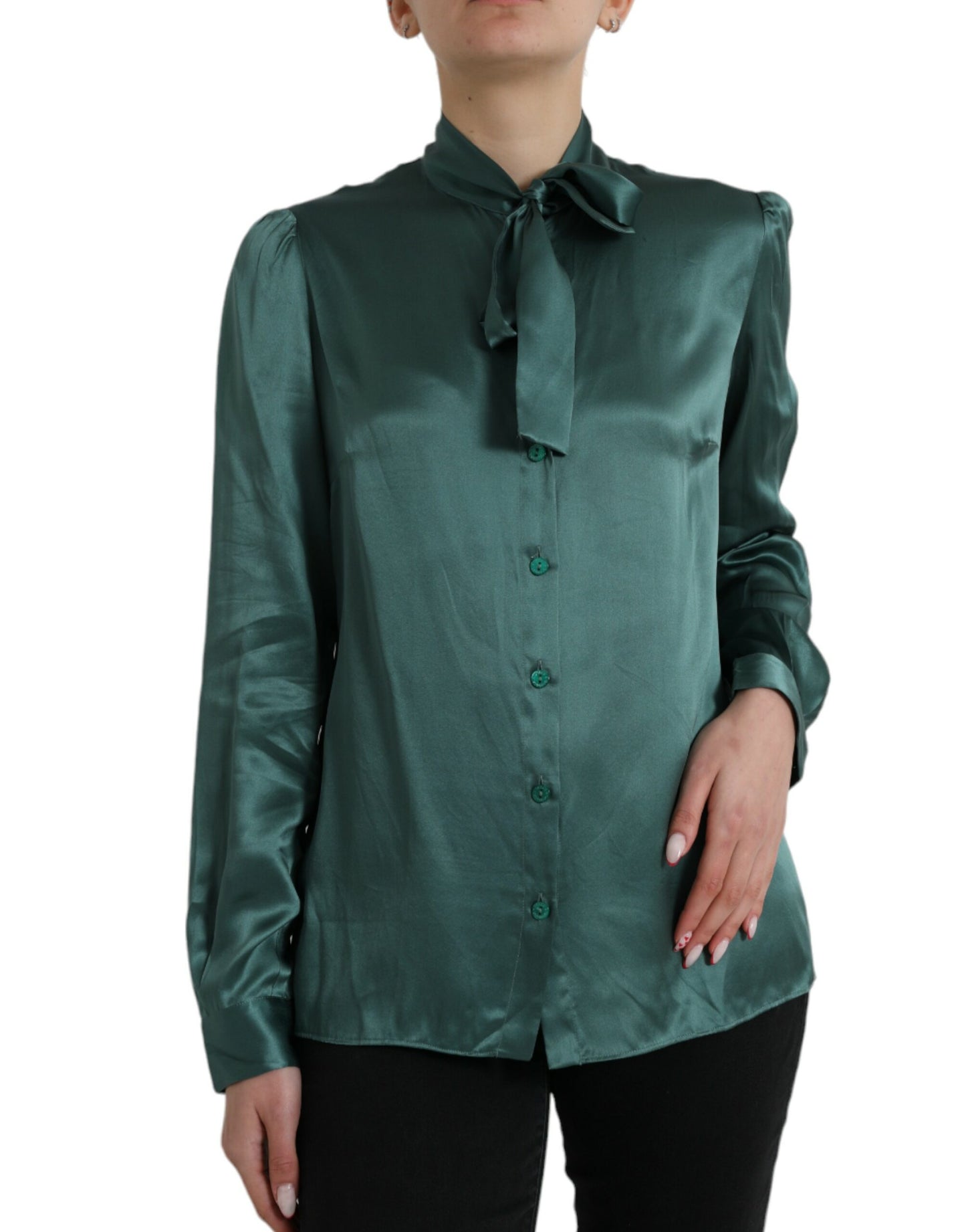 Dolce & Gabbana Elegant Dark Green Silk Blouse Top IT46 / XL