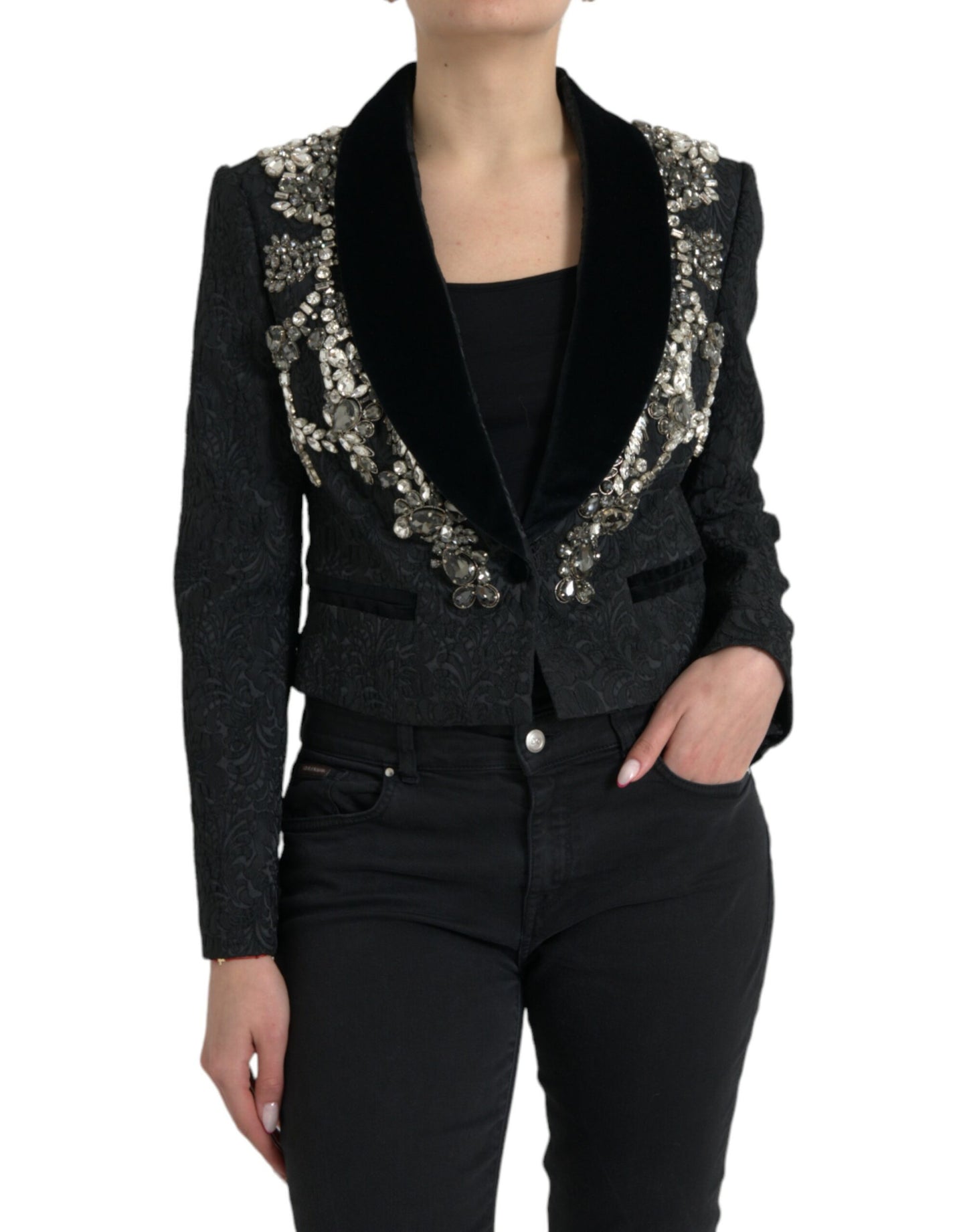 Dolce & Gabbana Elegant Embellished Black Overcoat Jacket IT44 / L