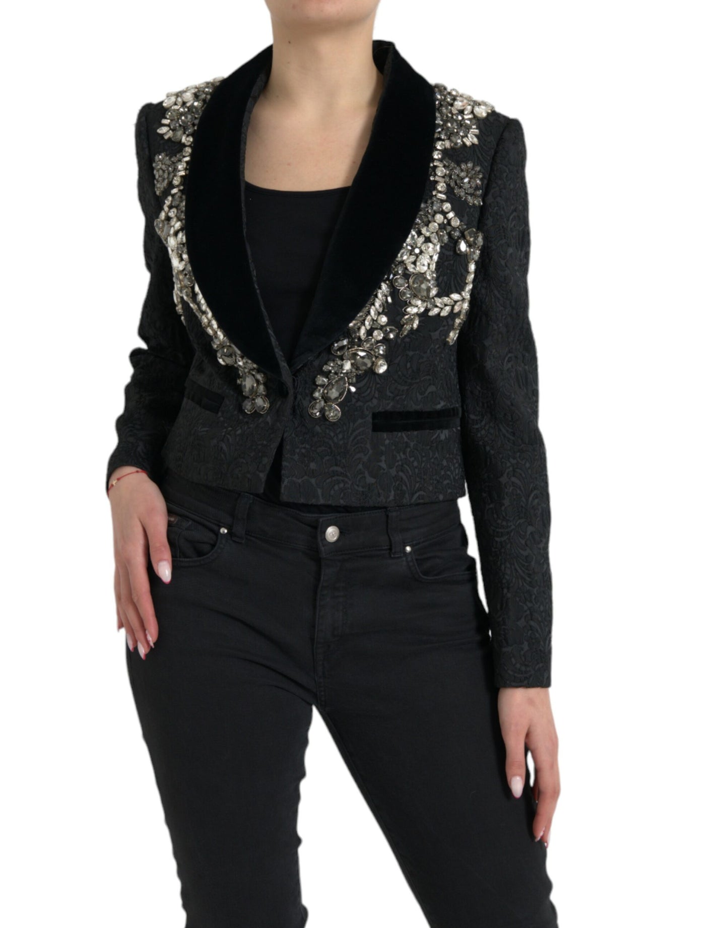 Dolce & Gabbana Elegant Embellished Black Overcoat Jacket IT44 / L