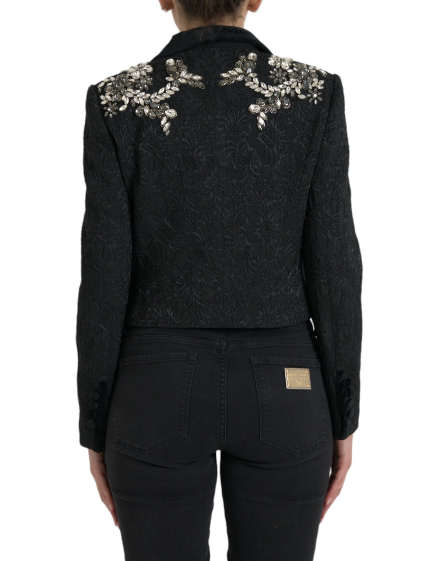 Dolce & Gabbana Elegant Embellished Black Overcoat Jacket IT44 / L