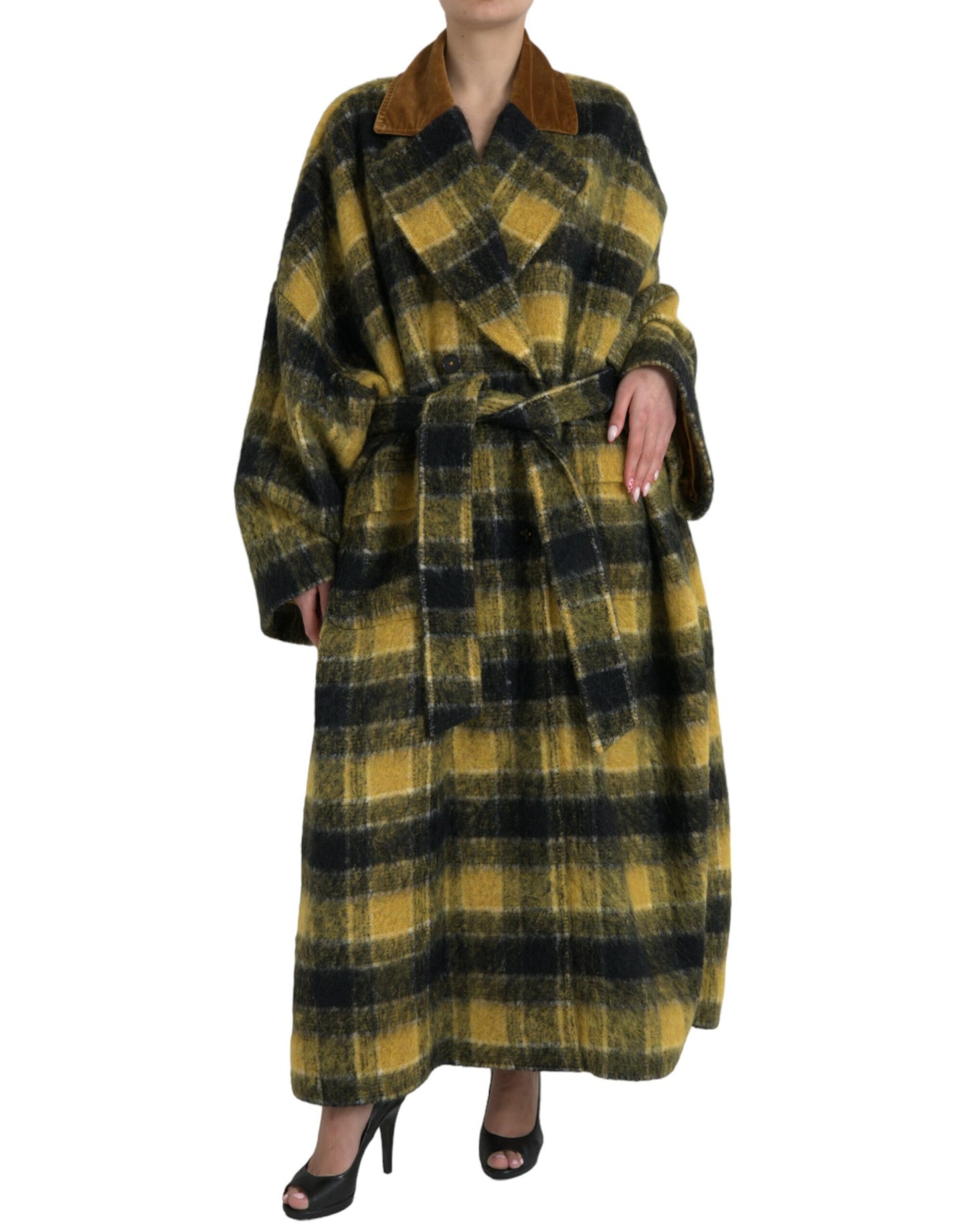 Dolce & Gabbana Chic Checkered Long Trench Coat in Sunny Yellow IT40 / S