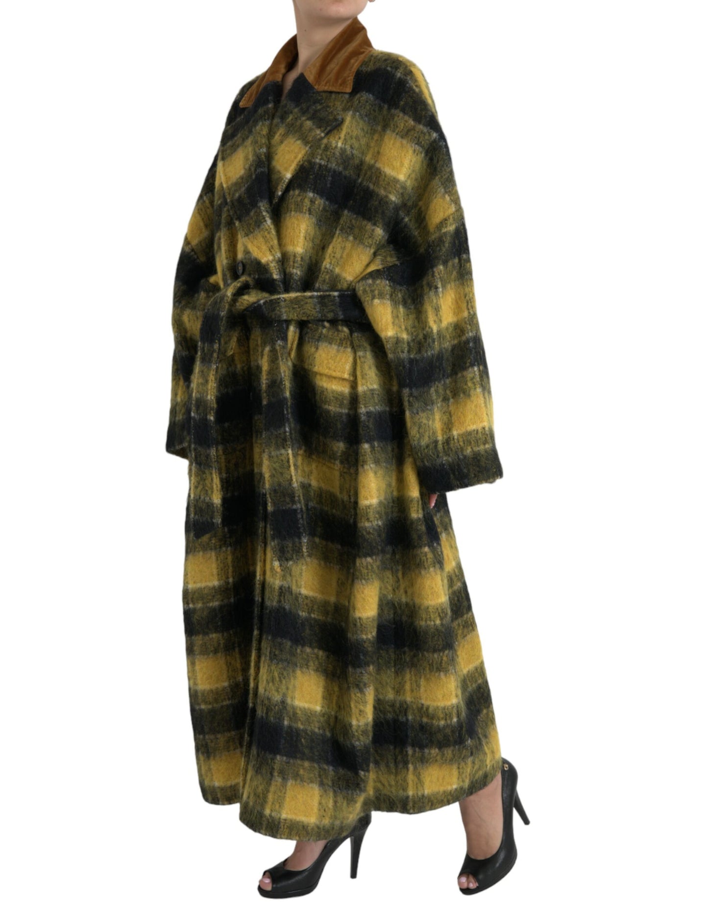 Dolce & Gabbana Chic Checkered Long Trench Coat in Sunny Yellow IT40 / S