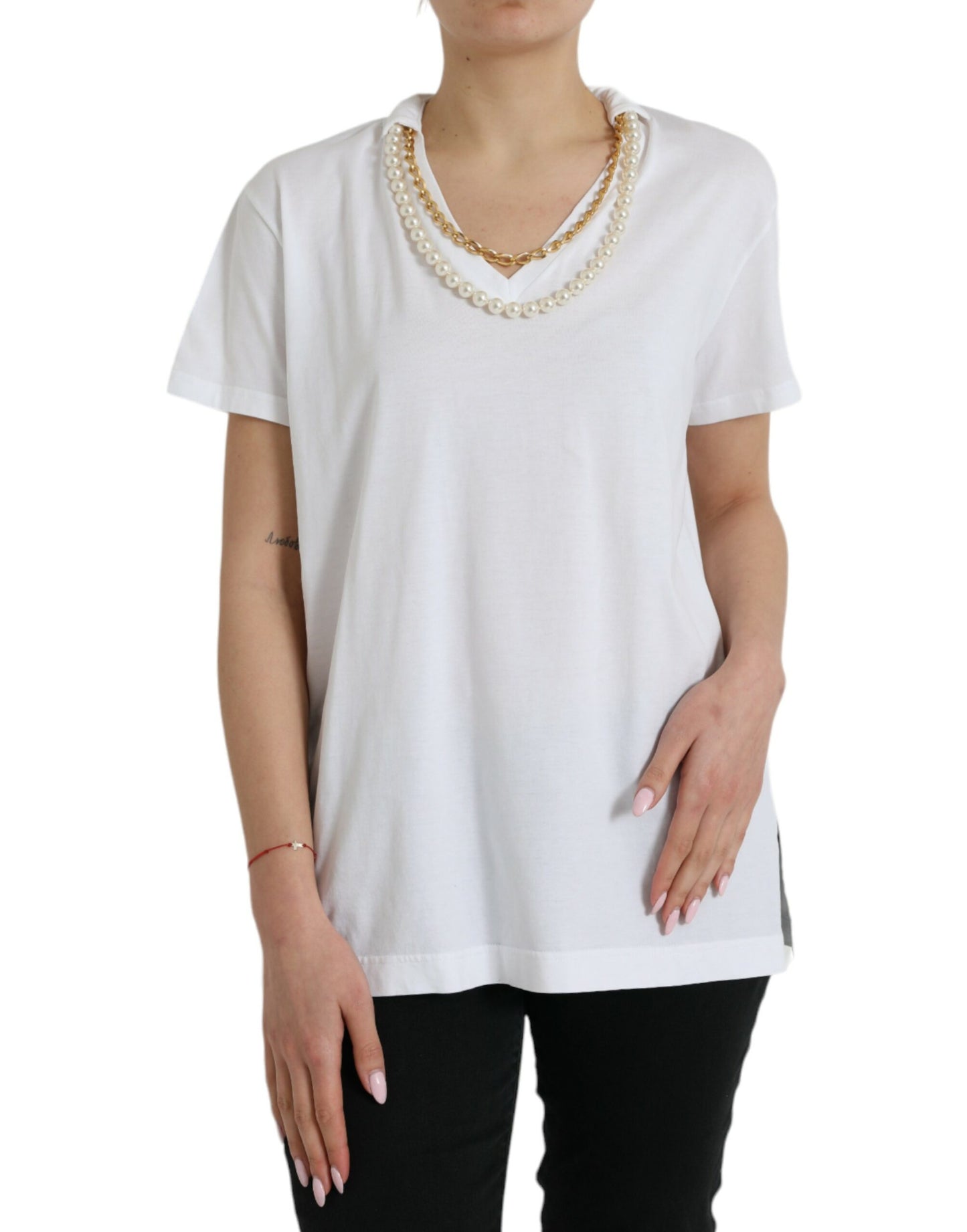 Dolce & Gabbana Elegant White Cotton Tee with Necklace Detail IT48 / XL