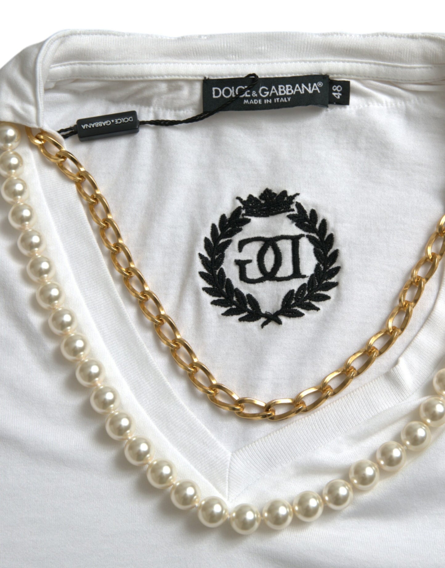 Dolce & Gabbana Elegant White Cotton Tee with Necklace Detail IT48 / XL