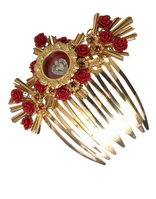 Dolce & Gabbana Gold Brass Crystal Heart Floral Hair Comb