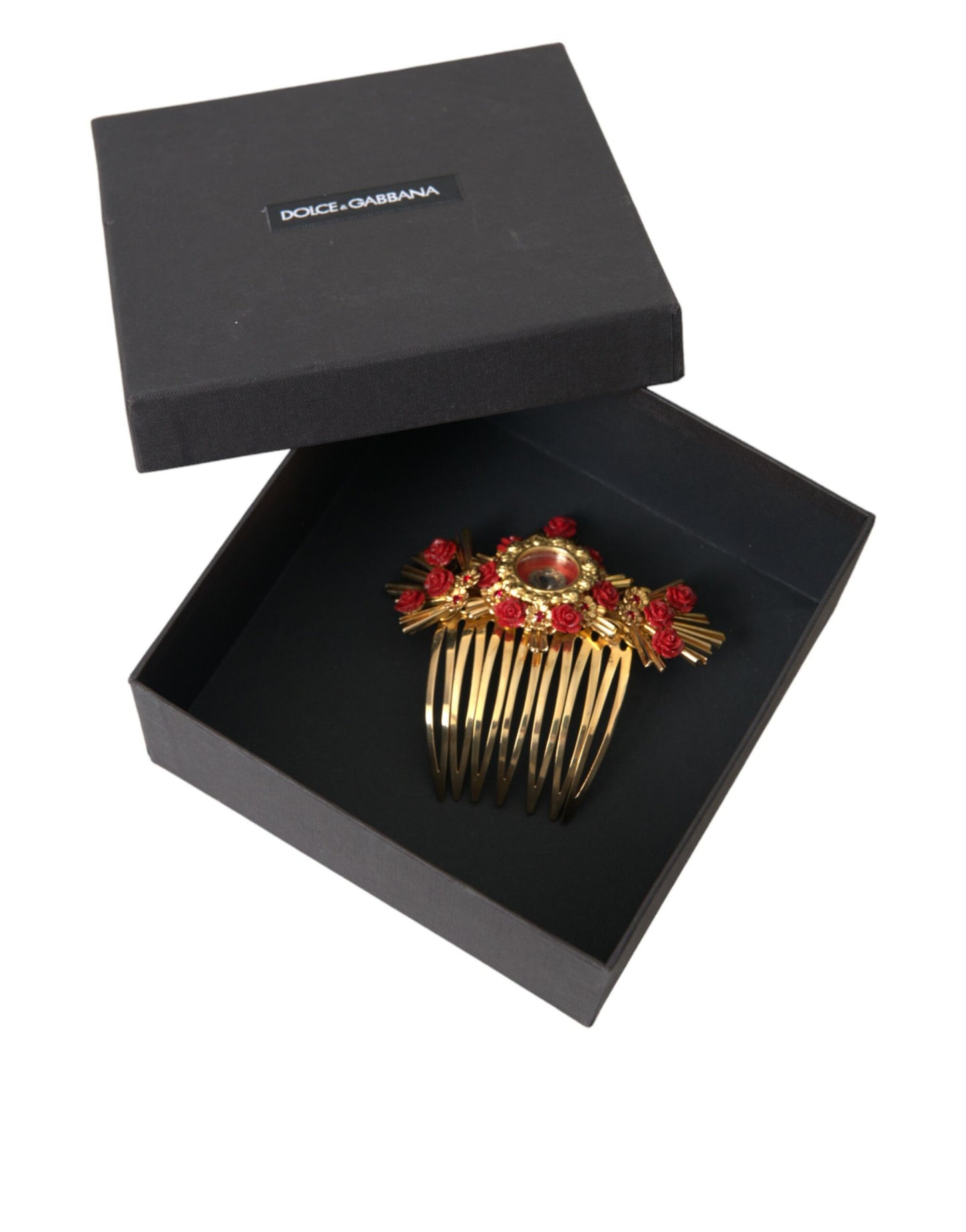 Dolce & Gabbana Gold Brass Crystal Heart Floral Hair Comb