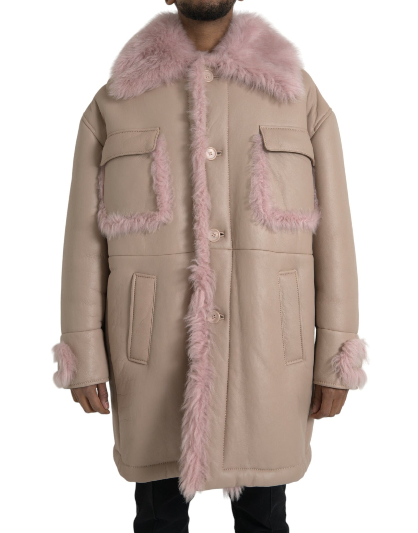 Dolce & Gabbana Beige Pink Lamb Leather Shearling Coat Jacket IT52 / XL