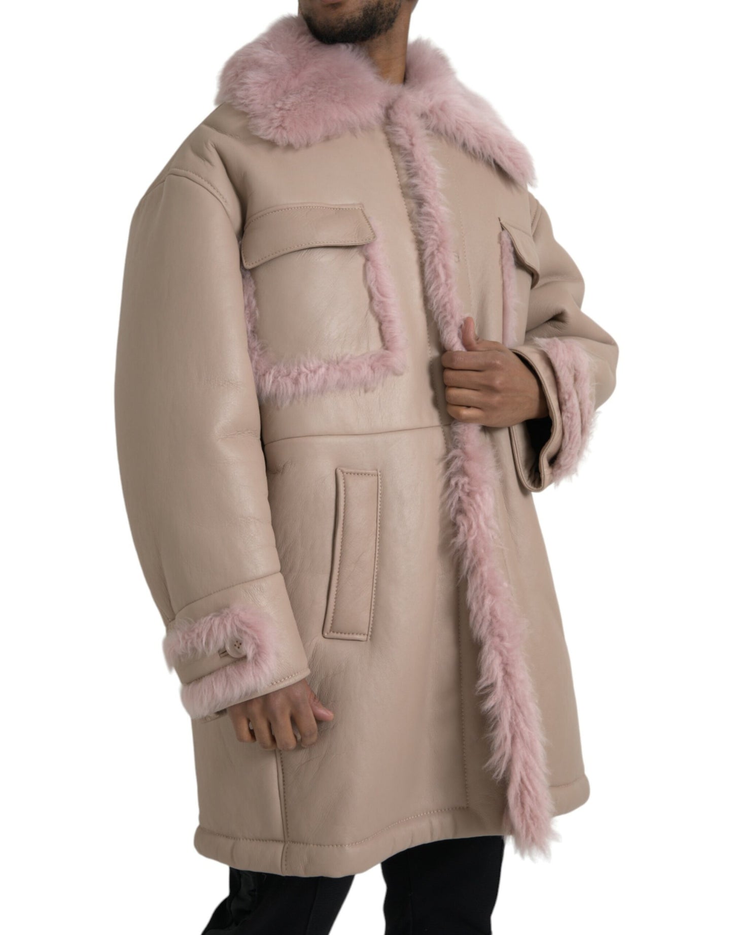 Dolce & Gabbana Beige Pink Lamb Leather Shearling Coat Jacket IT52 / XL