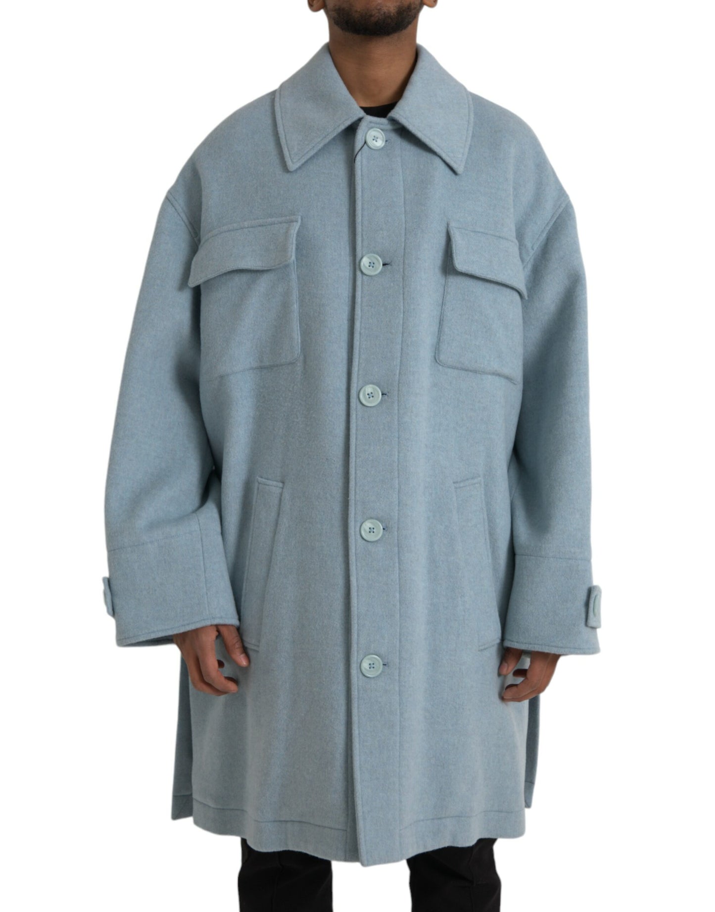 Dolce & Gabbana Light Blue Wool Button Trench Coat Jacket IT52 / XL