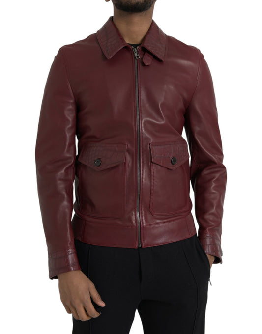 Dolce & Gabbana Maroon Exotic Leather Zip Biker Coat Jacket IT48 / M