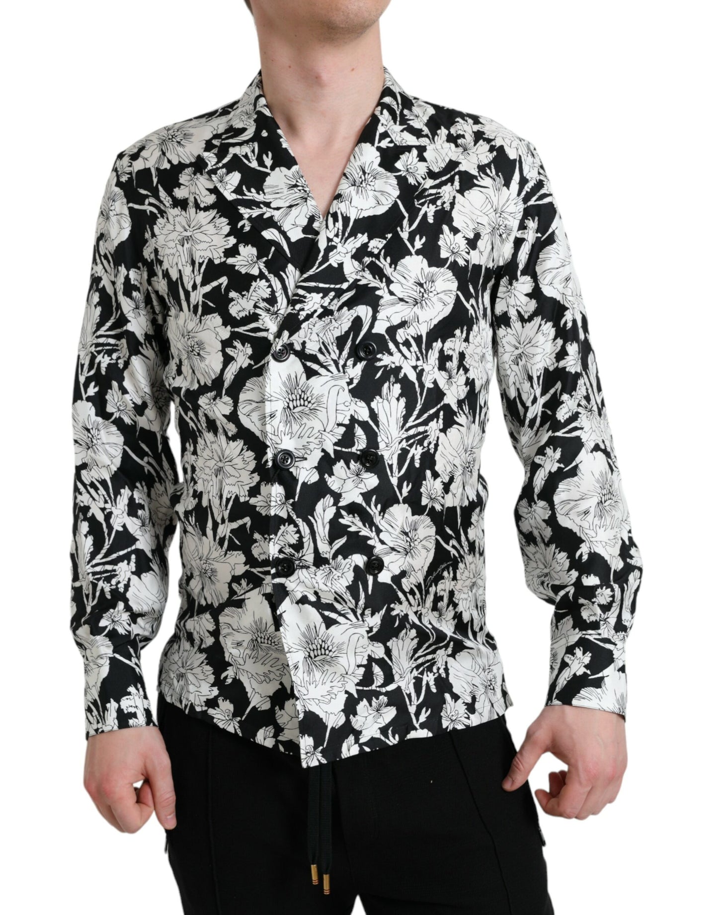 Dolce & Gabbana Black White Floral Button Down Casual Shirt IT37 / XS