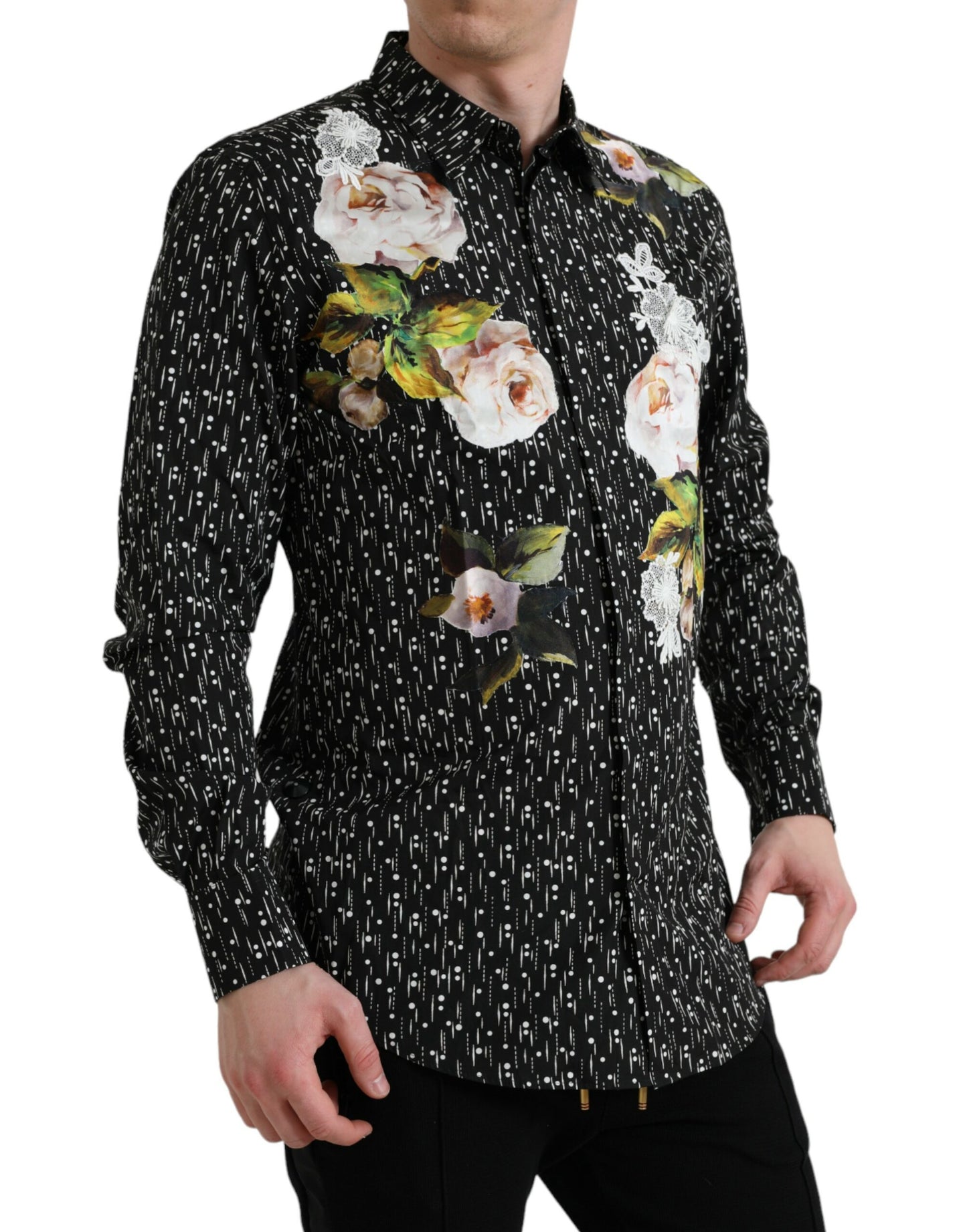 Dolce & Gabbana Black Floral Men Formal Dress GOLD Shirt IT42 / XL