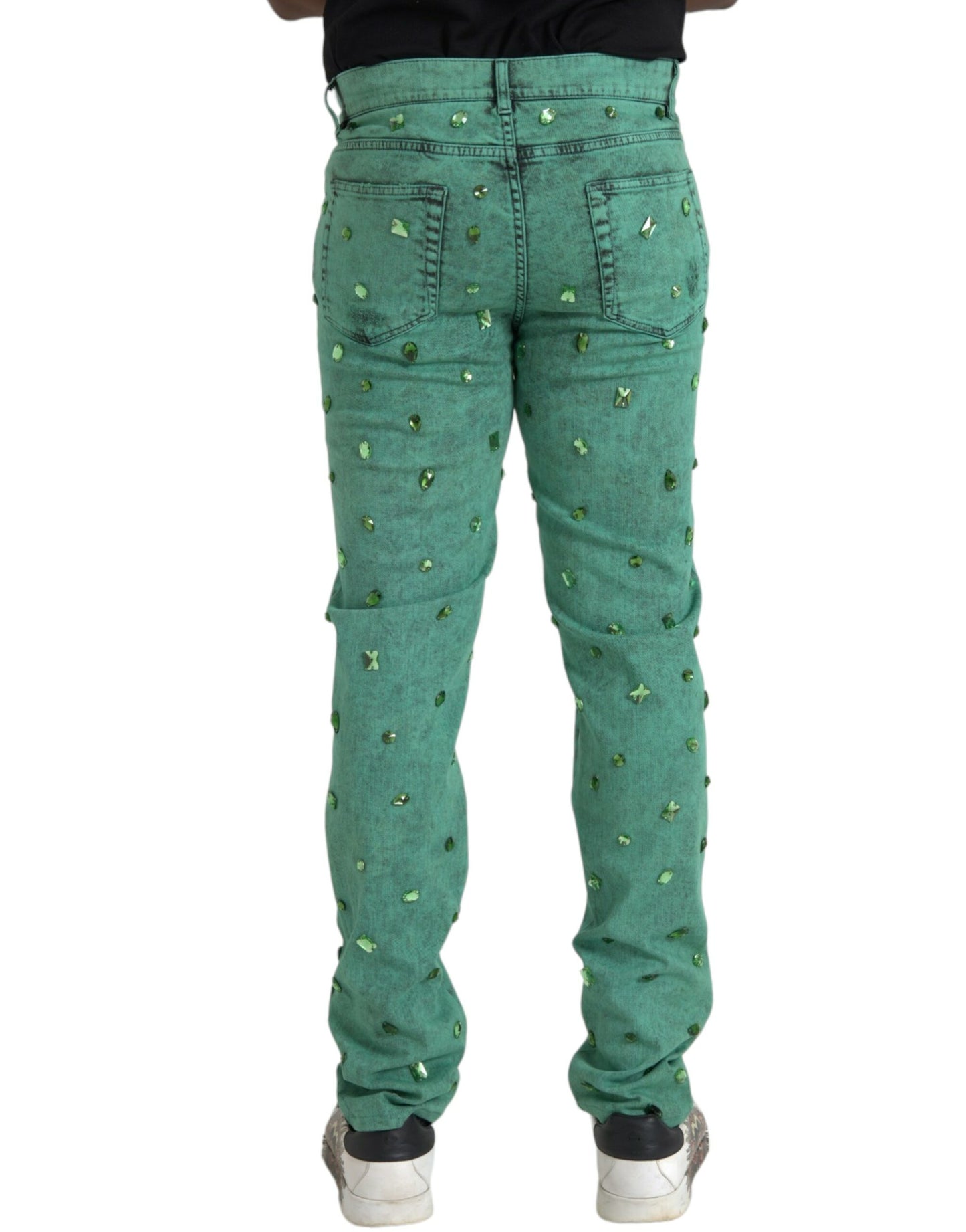 Dolce & Gabbana Green Crystals Cotton Stretch Slim Jeans IT50 / L