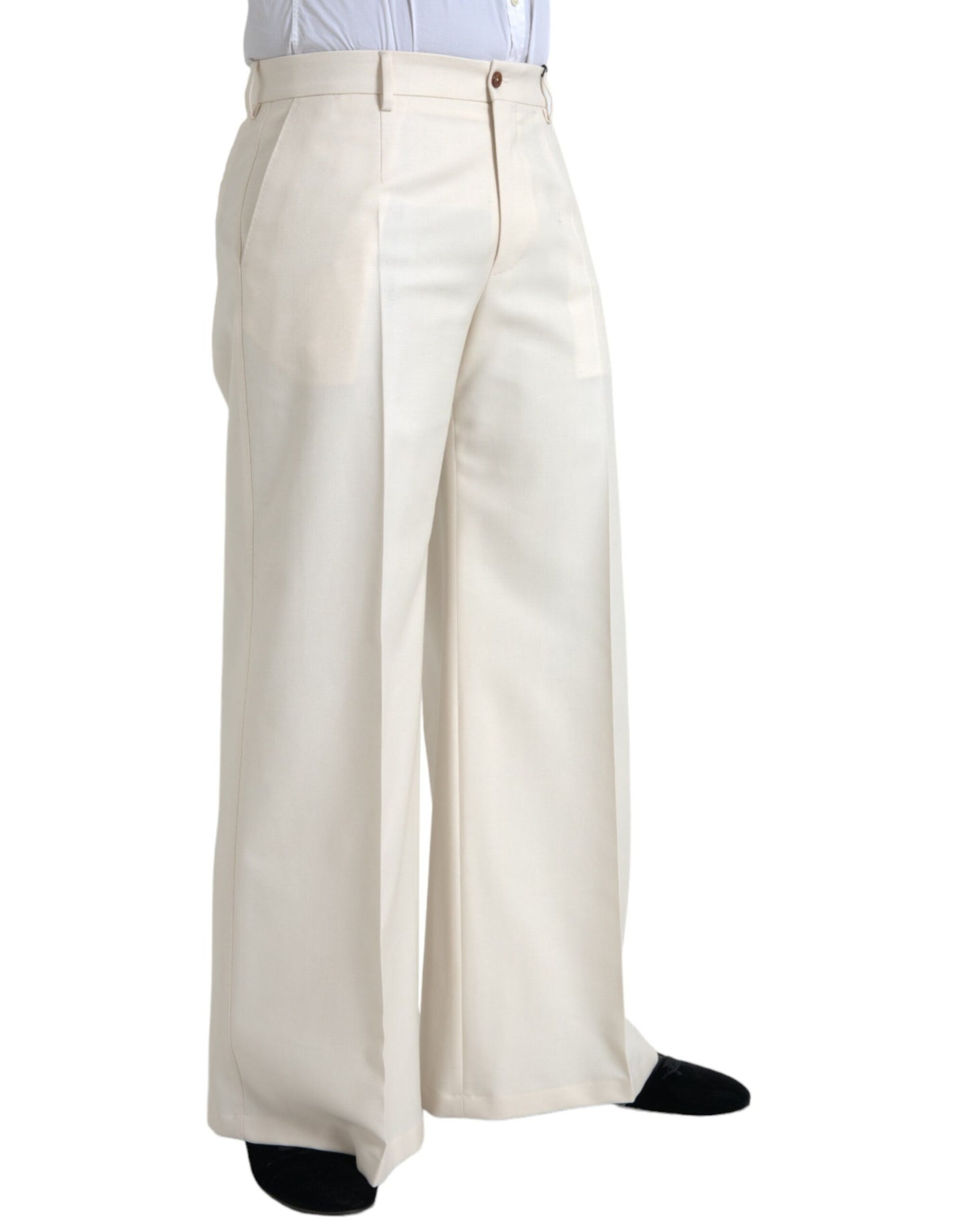 Dolce & Gabbana White Wool Wide Leg Mid Waist Pants IT48 / M