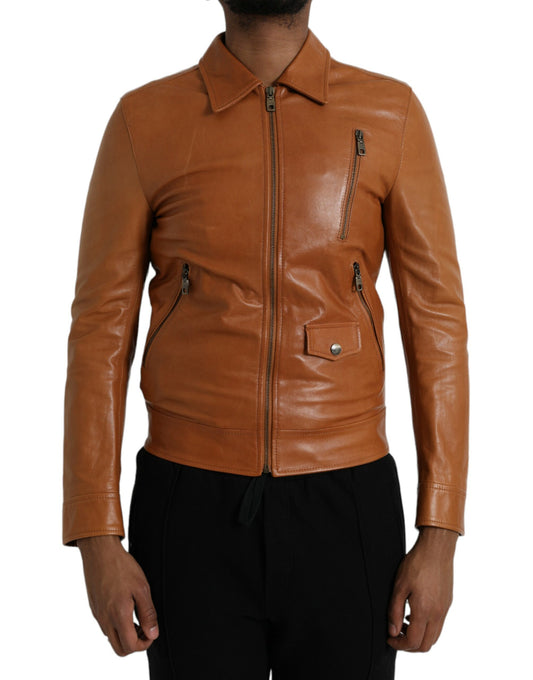 Dolce & Gabbana Brown Lamb Leather Full Zip Blouson Jacket IT44 / XS