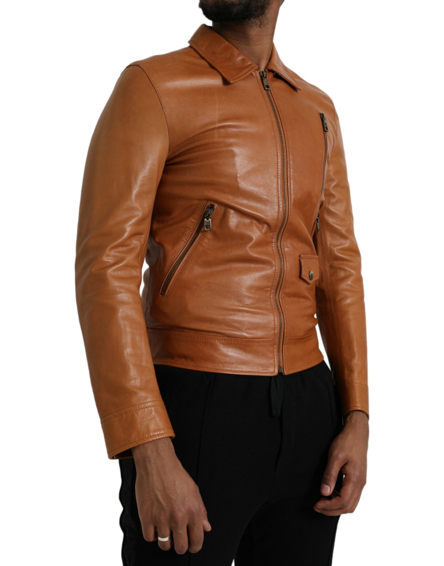 Dolce & Gabbana Brown Lamb Leather Full Zip Blouson Jacket IT44 / XS