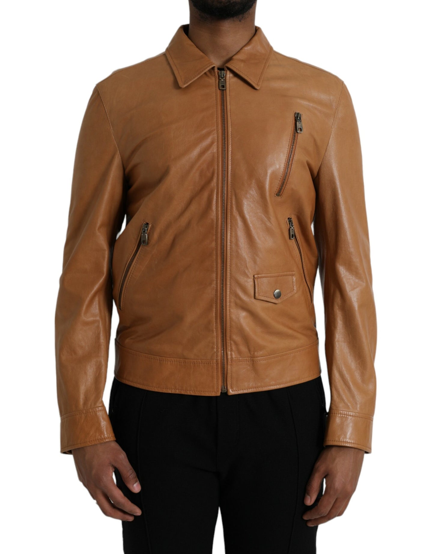 Dolce & Gabbana Brown Lamb Leather Full Zip Blouson Jacket IT50 / L