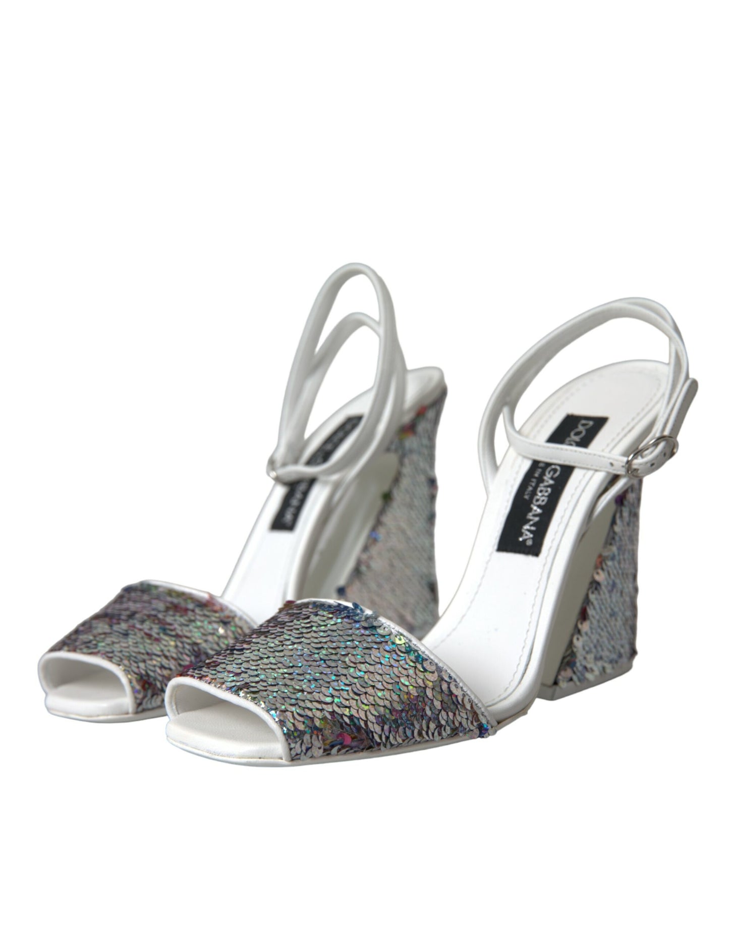 Dolce & Gabbana White Silver Sequin Ankle Strap Sandals Shoes EU39 / US8.5