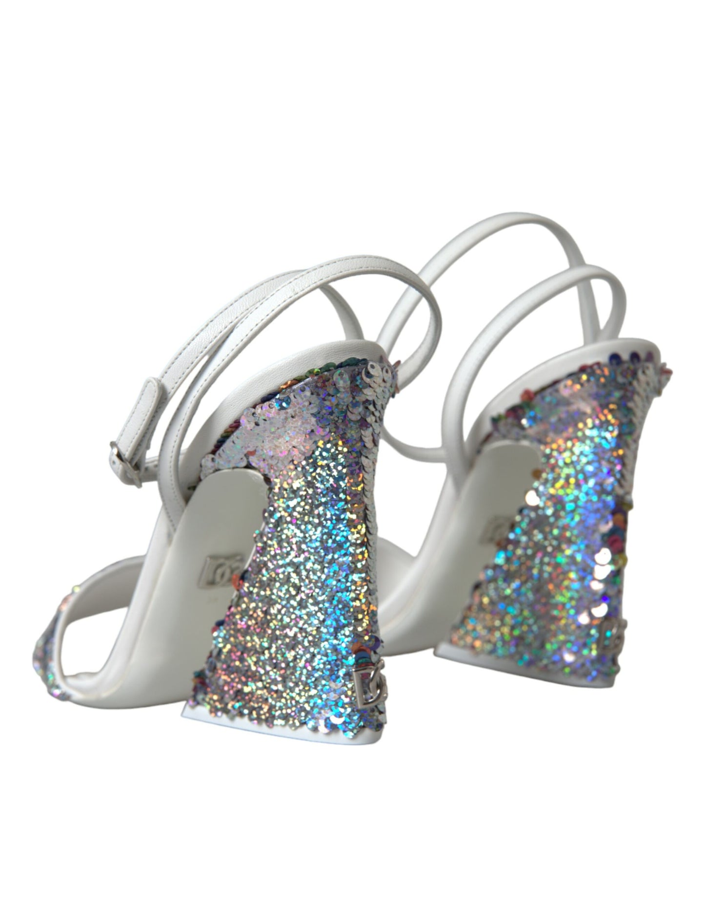 Dolce & Gabbana White Silver Sequin Ankle Strap Sandals Shoes EU39 / US8.5