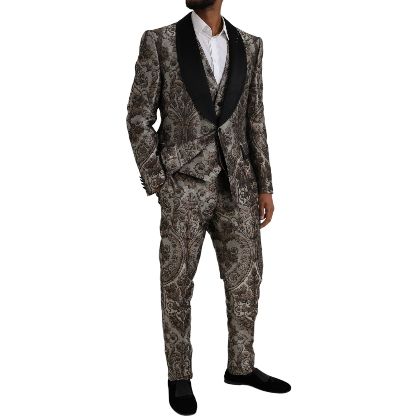 Dolce & Gabbana Brown Floral Jacquard Formal 3 Piece Suit IT54 / XL