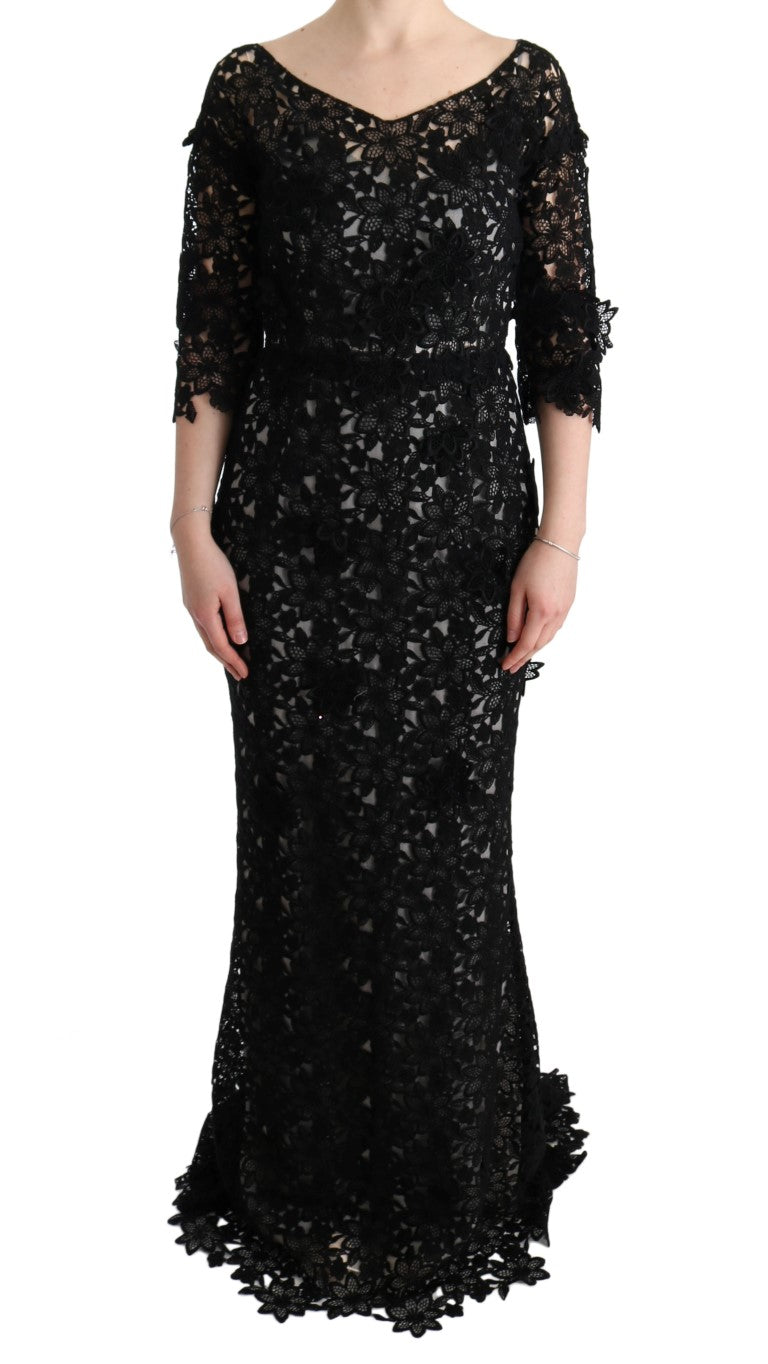 Dolce & Gabbana Elegant Black Maxi Shift Dress with Floral Applique IT38 / XS