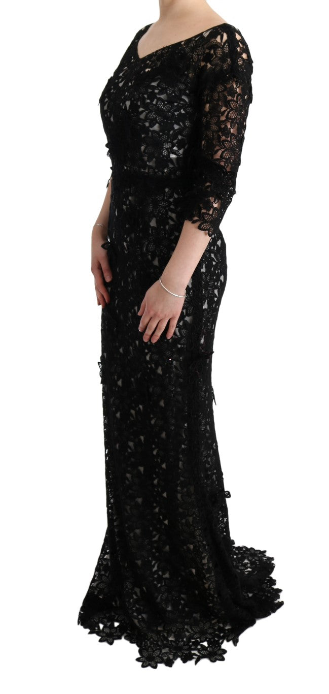 Dolce & Gabbana Elegant Black Maxi Shift Dress with Floral Applique IT38 / XS