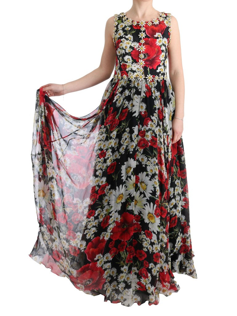 Dolce & Gabbana Floral Maxi Gown with Sunflower Print and Crystals IT44 | L