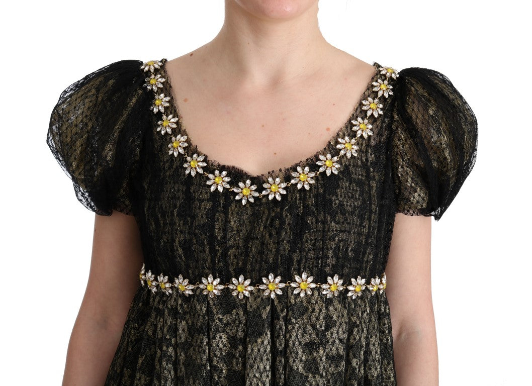 Dolce & Gabbana Sunflower Lace Crystal Maxi Shift Dress IT40 | S