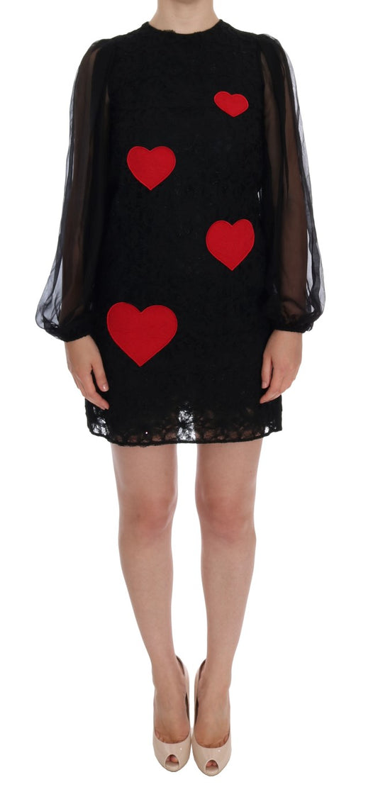 Dolce & Gabbana Elegant Black Lace Heart Applique Shift Dress IT36 / XS