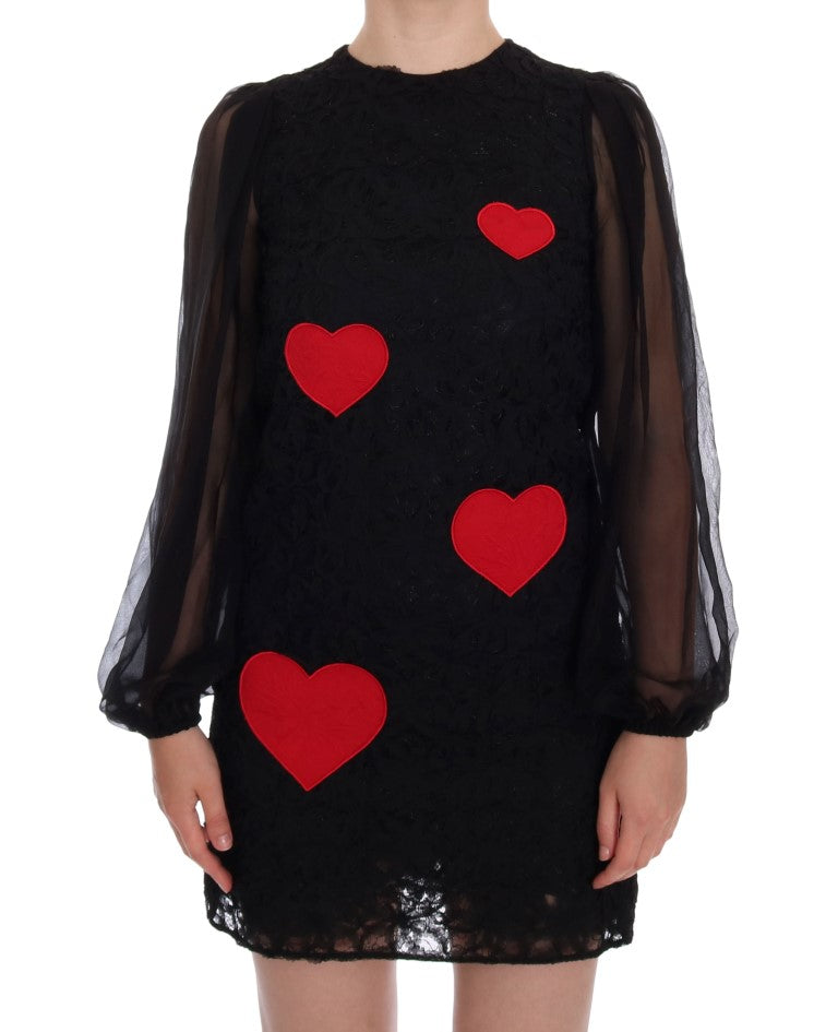 Dolce & Gabbana Elegant Black Lace Heart Applique Shift Dress IT36 / XS