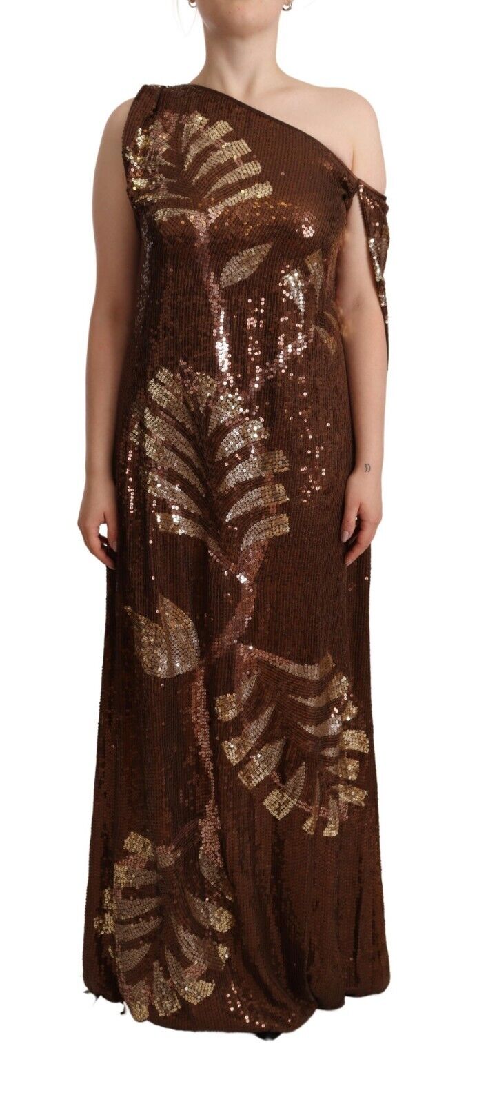 Dsquared² Brown Leaf Sequined Shift One Shoulder Long Dress IT40 | S