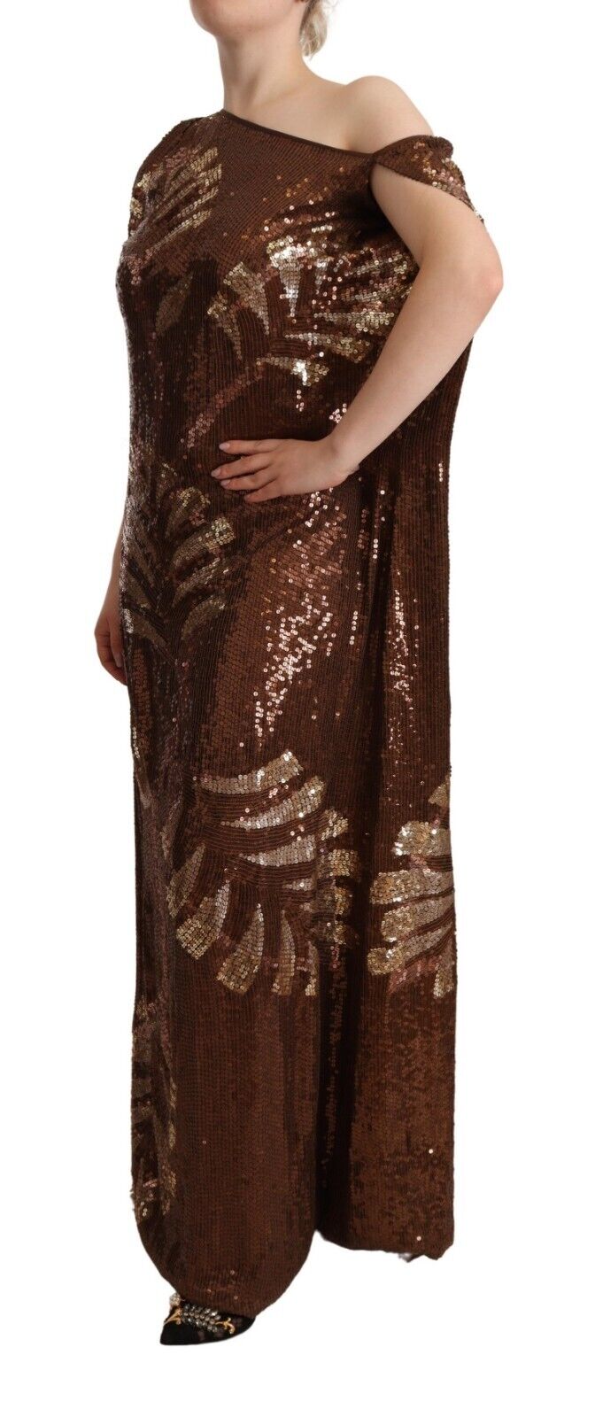 Dsquared² Brown Leaf Sequined Shift One Shoulder Long Dress IT40 | S