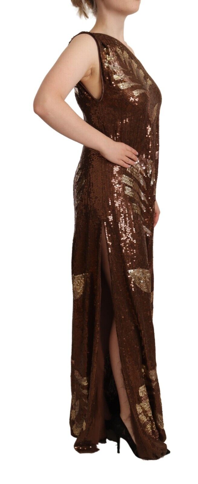 Dsquared² Brown Leaf Sequined Shift One Shoulder Long Dress IT40 | S