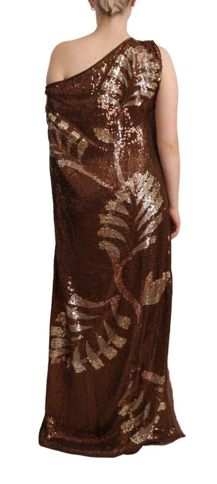 Dsquared² Brown Leaf Sequined Shift One Shoulder Long Dress IT40 | S