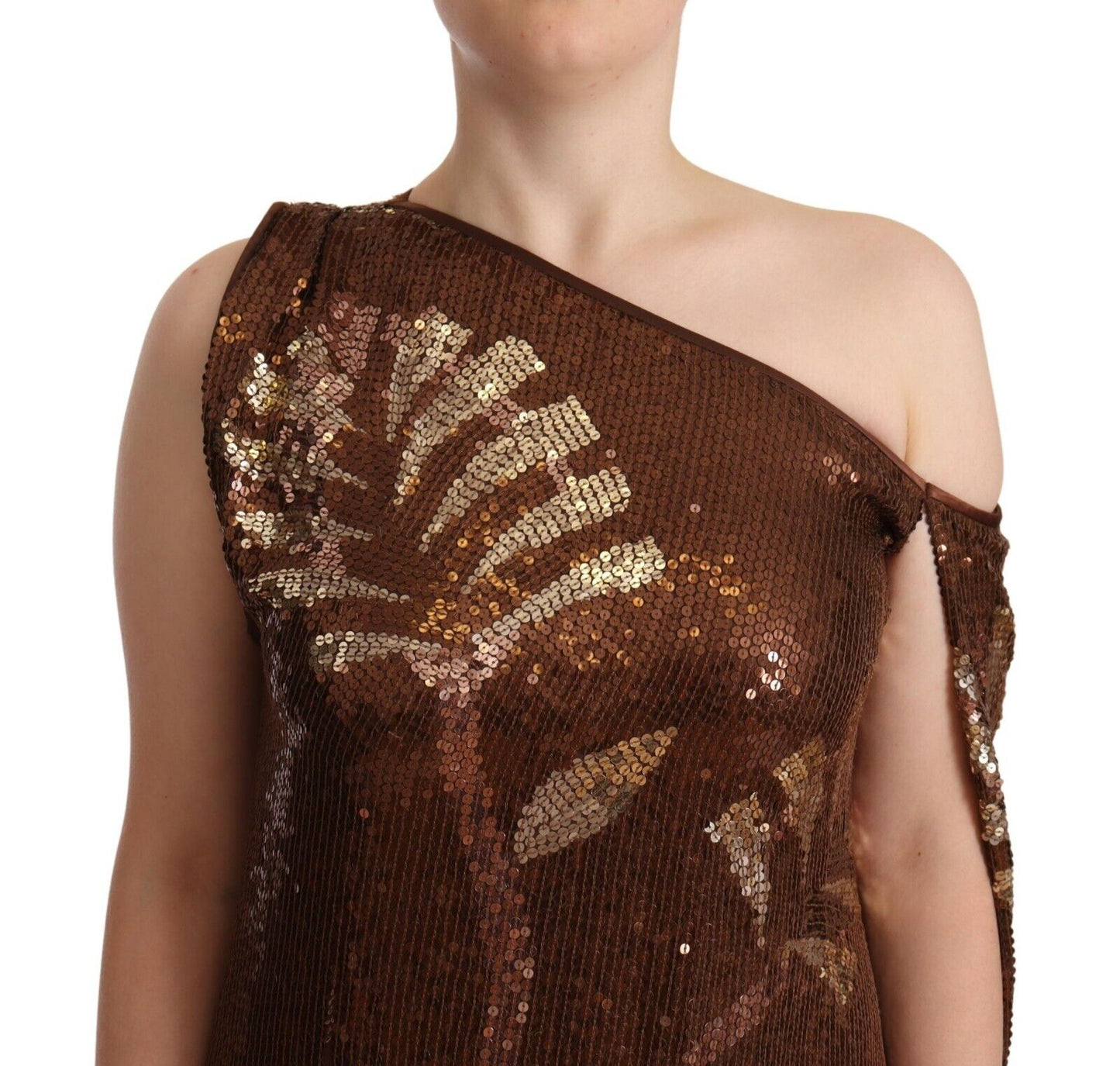 Dsquared² Brown Leaf Sequined Shift One Shoulder Long Dress IT40 | S