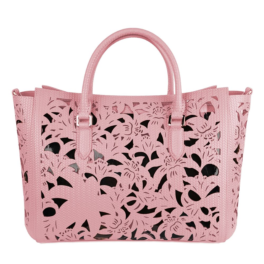 Baldinini Trend Chic Pink Calfskin Handbag with Floral Accents