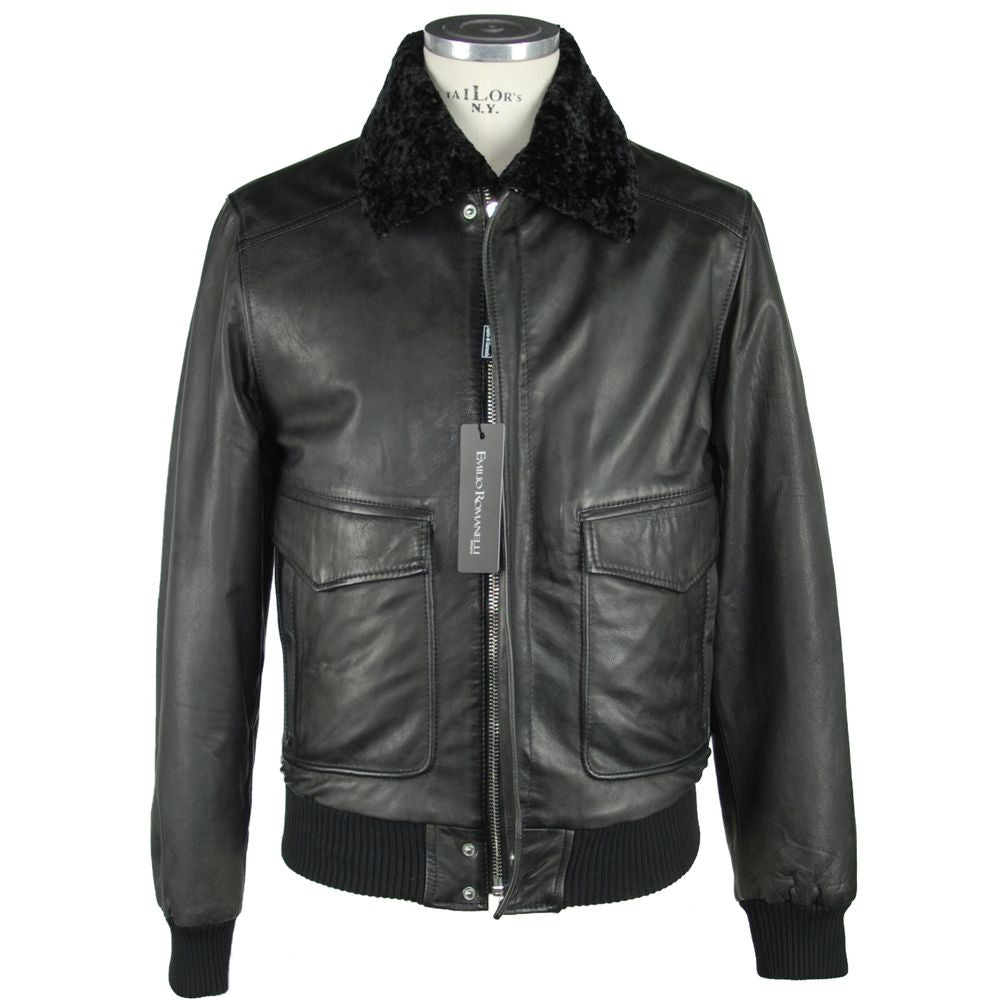 Emilio Romanelli Sleek Black Leather Zip Jacket IT50 | M-L