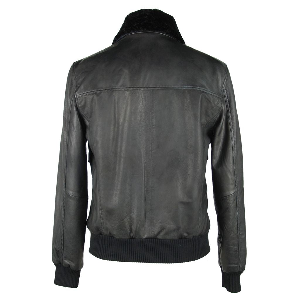 Emilio Romanelli Sleek Black Leather Zip Jacket IT50 | M-L