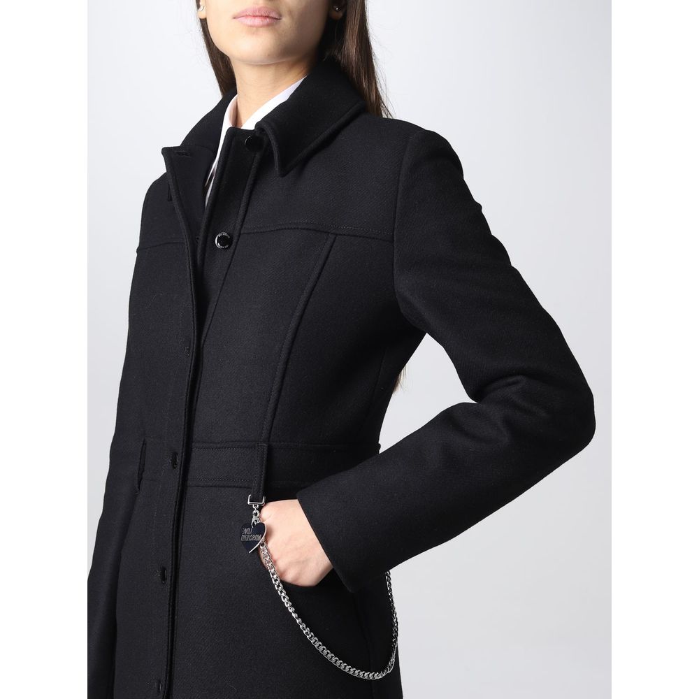 Love Moschino Elegant Black Wool Coat with Silver Chain Detail IT42 | M