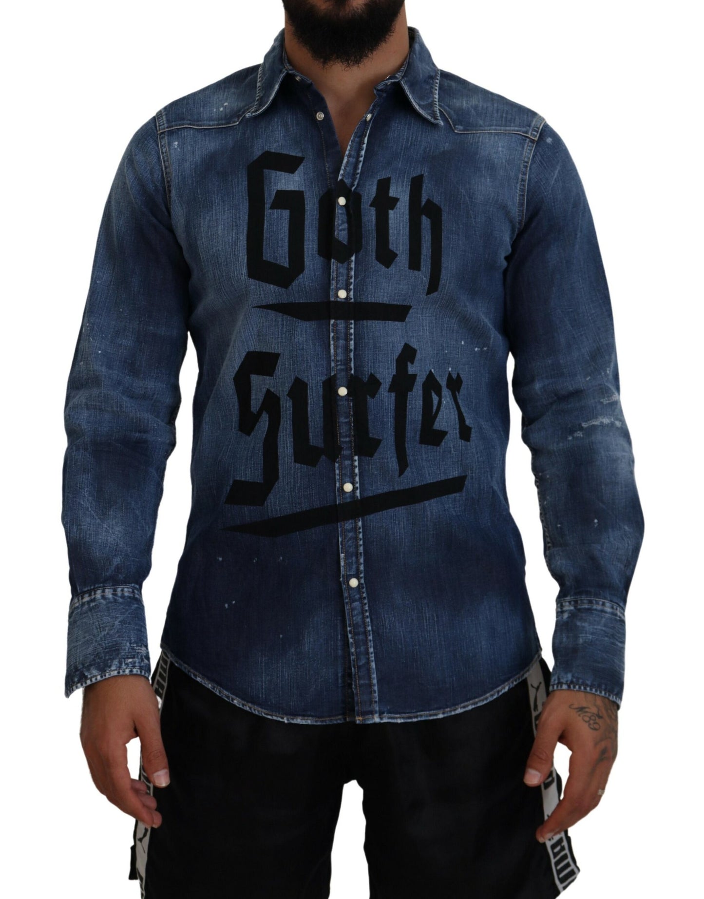 Dsquared² Blue Washed Goth Surfer Print Men Denim Shirt IT48 | M