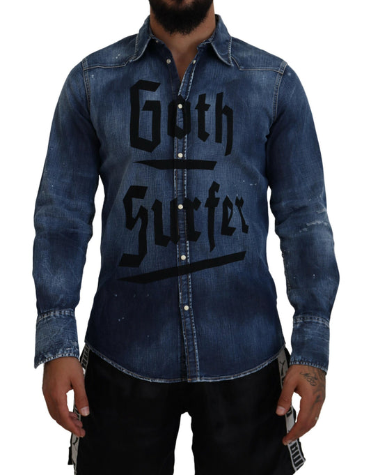 Dsquared² Blue Washed Goth Surfer Print Men Denim Shirt IT48 | M