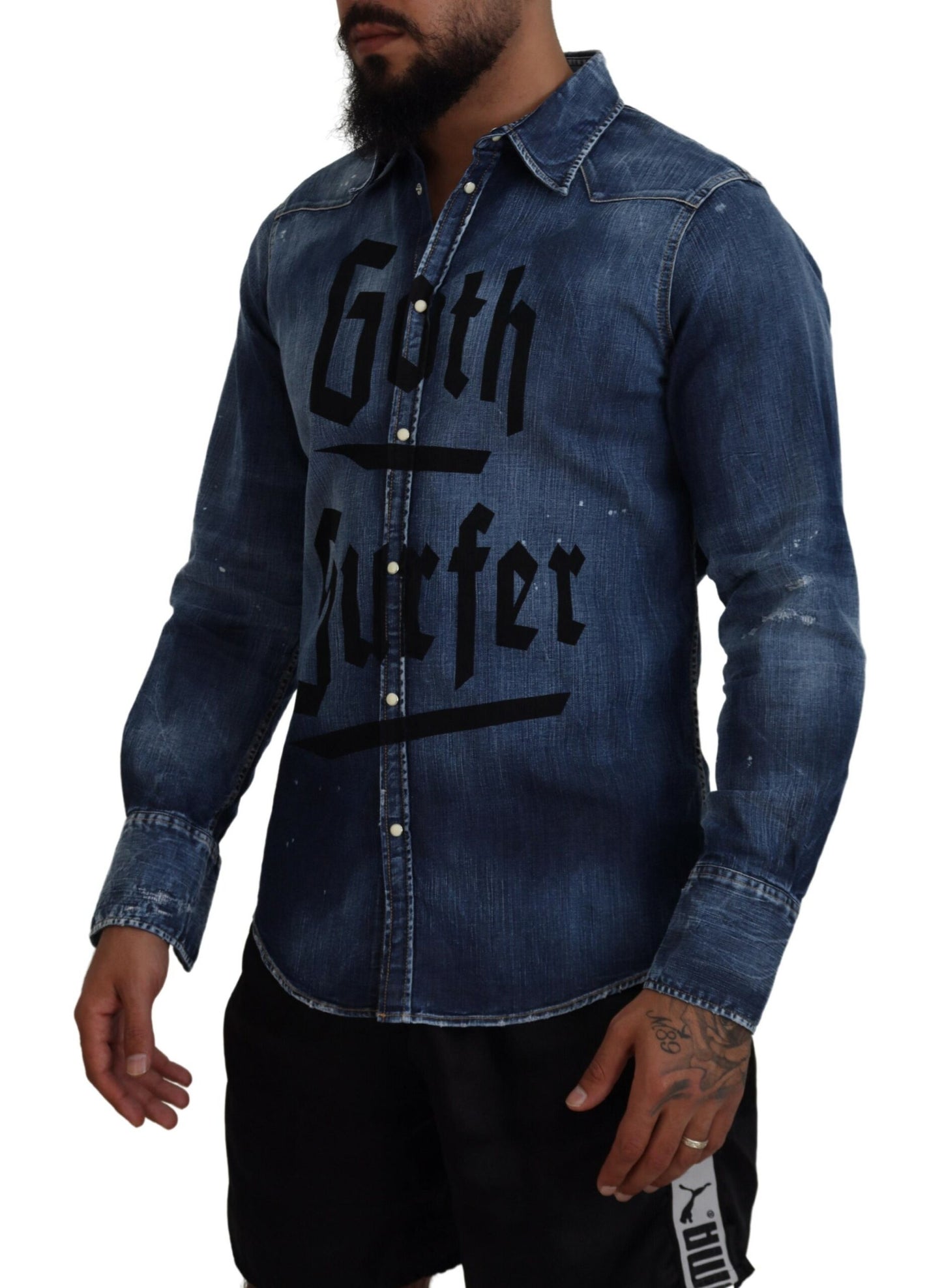 Dsquared² Blue Washed Goth Surfer Print Men Denim Shirt IT48 | M