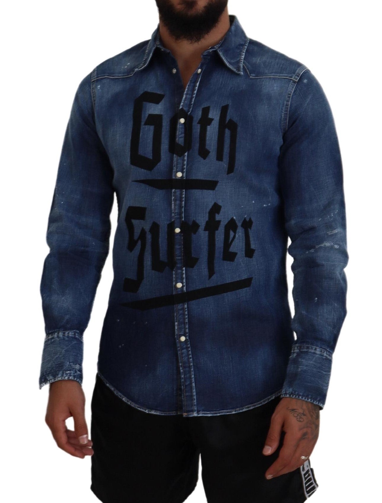 Dsquared² Blue Washed Goth Surfer Print Men Denim Shirt IT48 | M