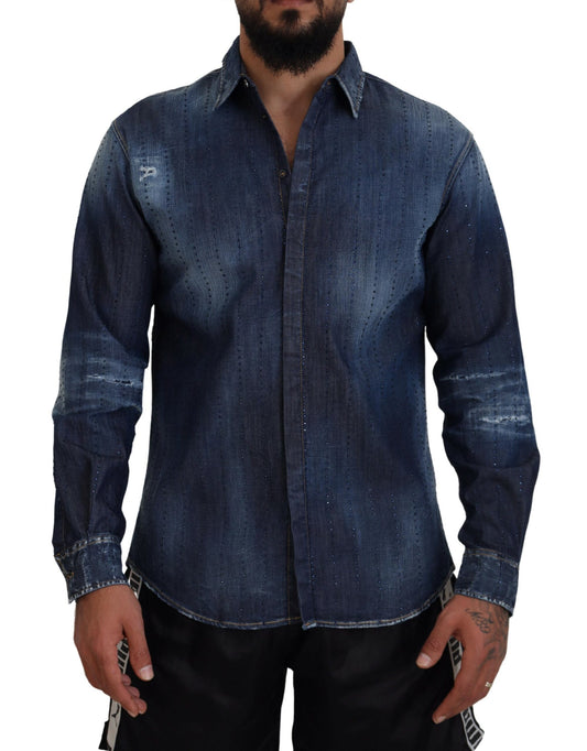 Dsquared² Blue Tattered Crystal Embellished Denim Shirt IT48 | M